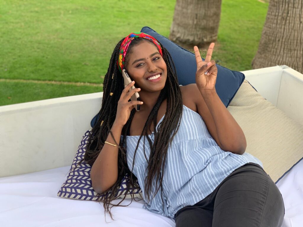 Leah on vacation sofa
